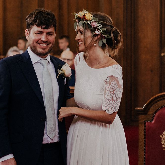 Bride in lace Luna Bride wedding dress at Islington town hall wedding