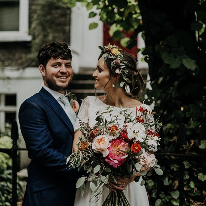 Bright florals and flower crown for city Islington town hall wedding