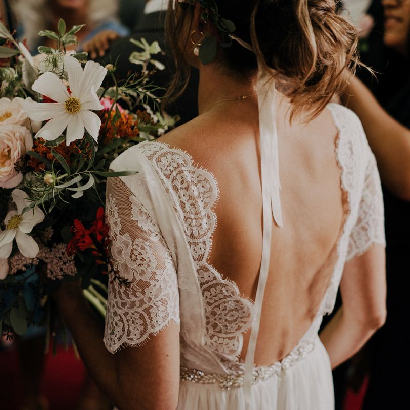 Open back lace detail bride dress for boho Islington town hall wedding