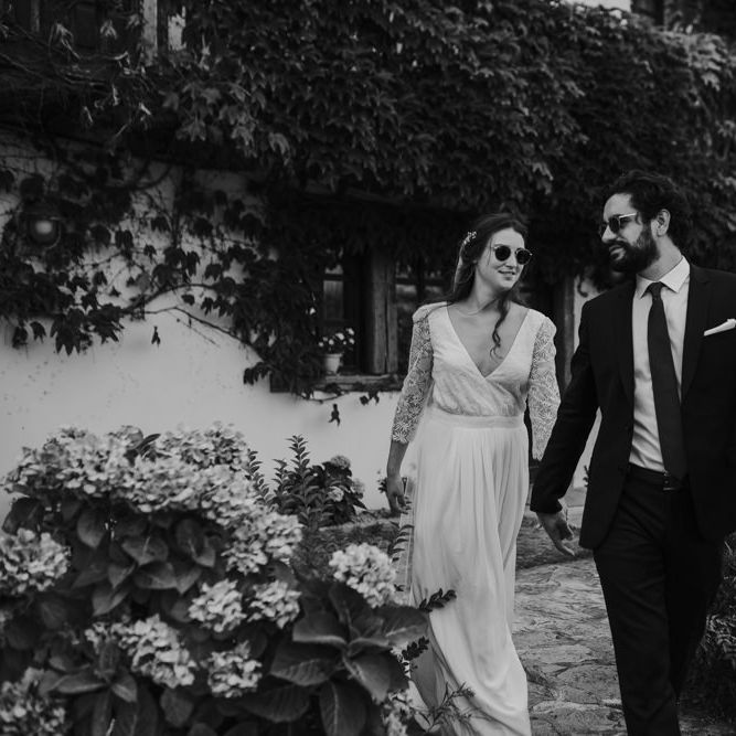 Bride in Donatelle Godart Wedding Dress &amp; Groom in De Fursac Suit