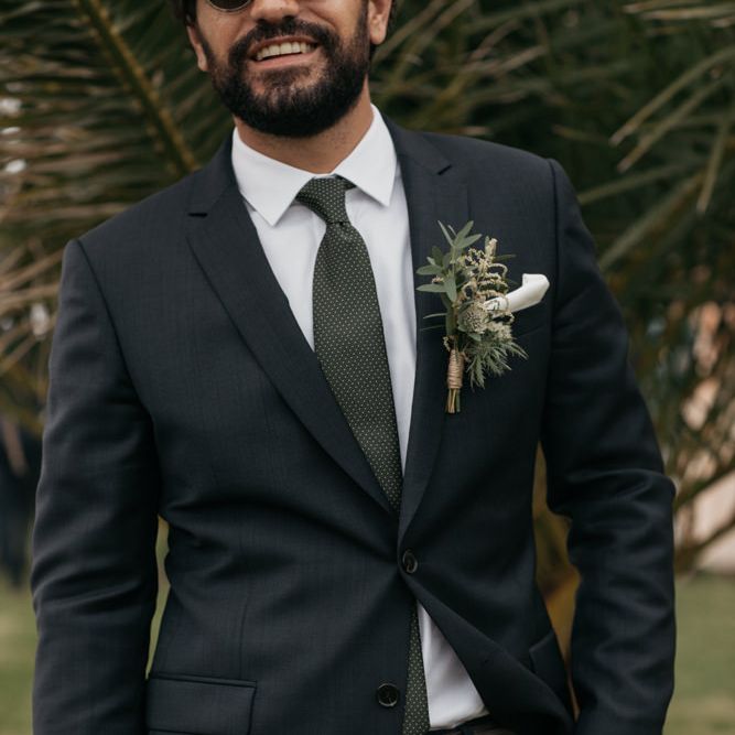 Groom in Black De Fursac Suit with Rustic Buttonhole