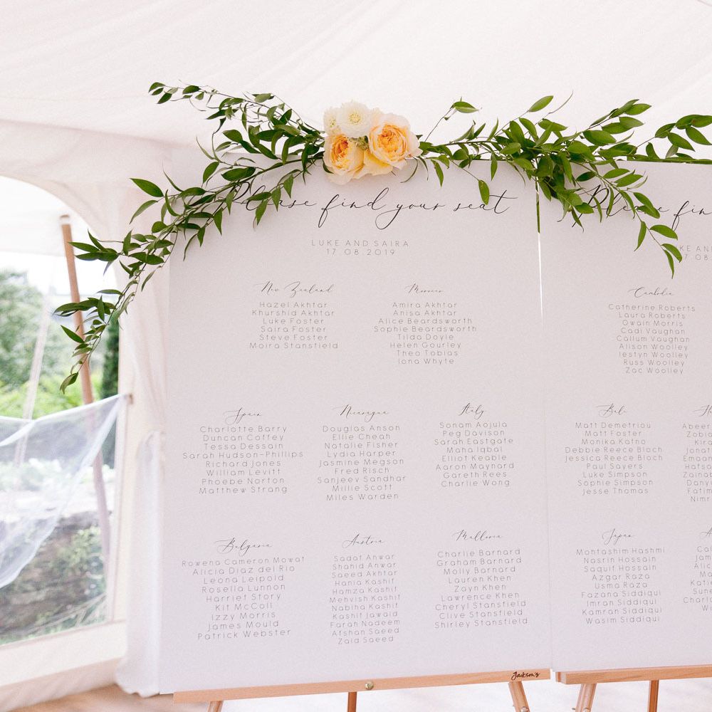 Wedding seating plan with flower and foliage decor