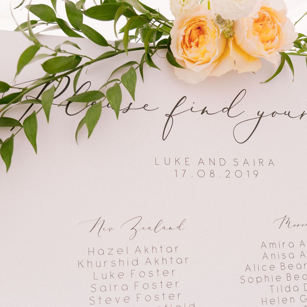 Wedding seating plan with flower and foliage decor