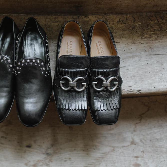 Wedding shoes for couple and grey groom suit