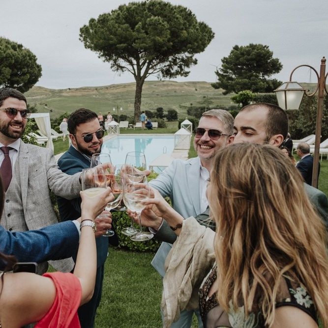 Wedding guests toast the day