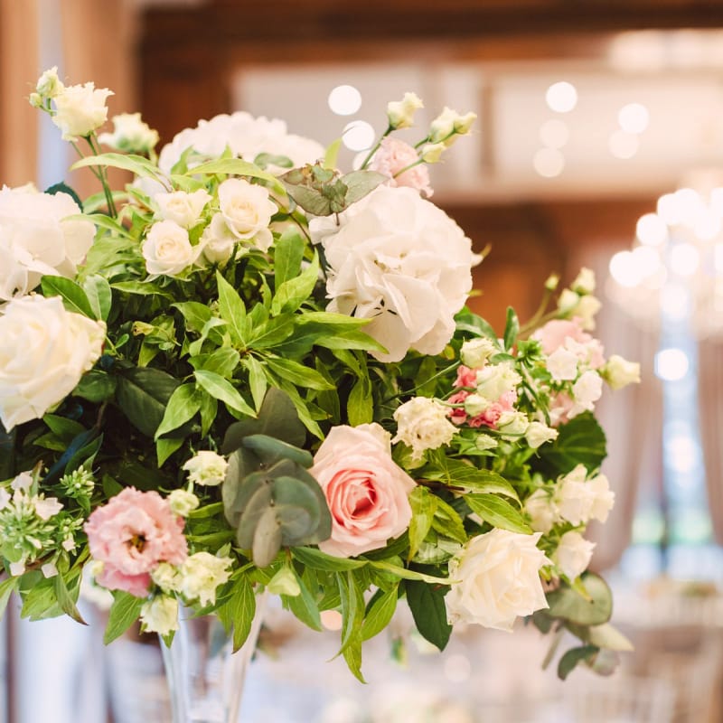 Tall Wedding Reception Centrepiece with Pink and White Flowers and Foliage