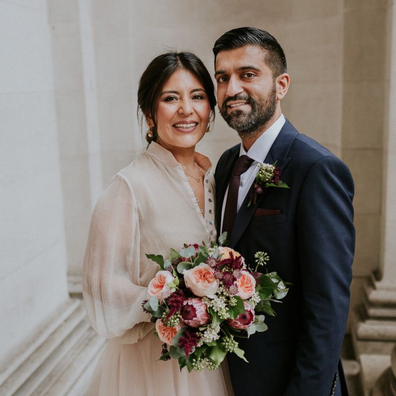 Bride and groom portrait at London Town hall wedding