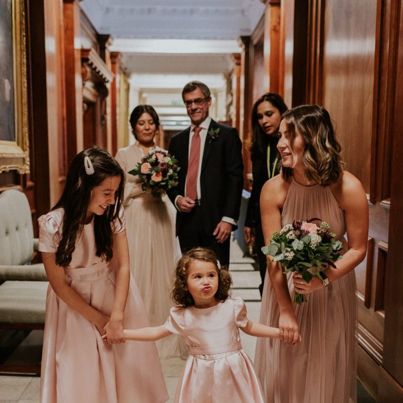 Bridesmaid and flower girls in pink dresses