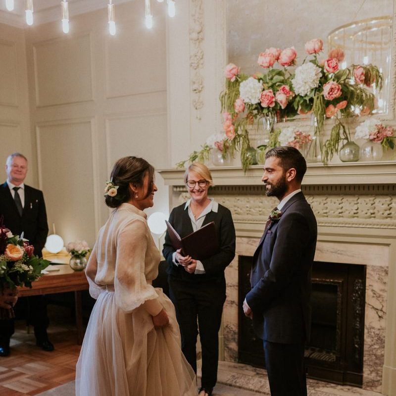 town hall wedding ceremony with bride in tulle skirt