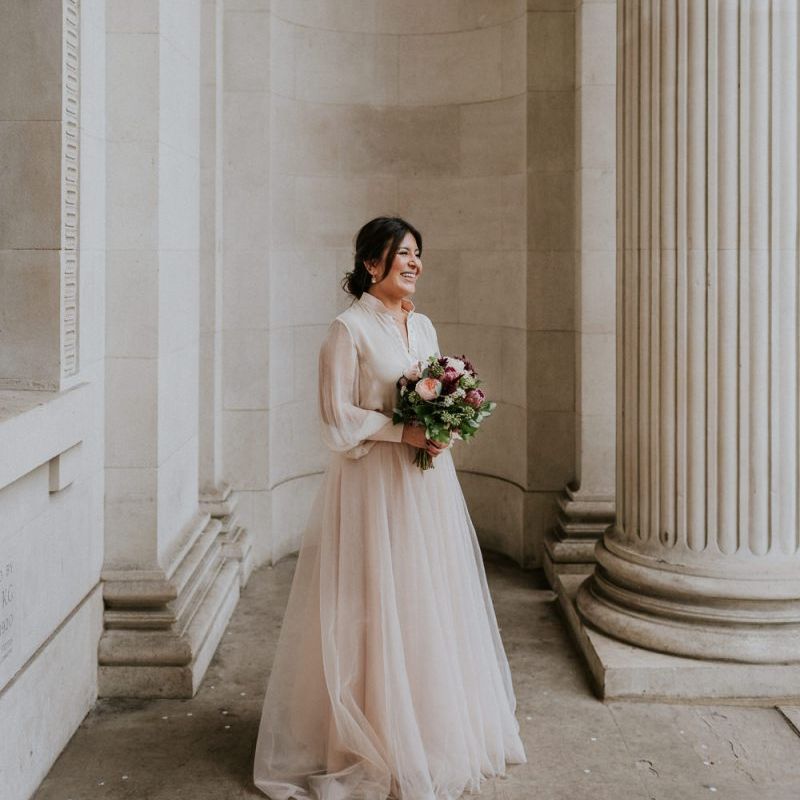 Bride in tulle skirt bridal separates at Old Marylebone Town Hall
