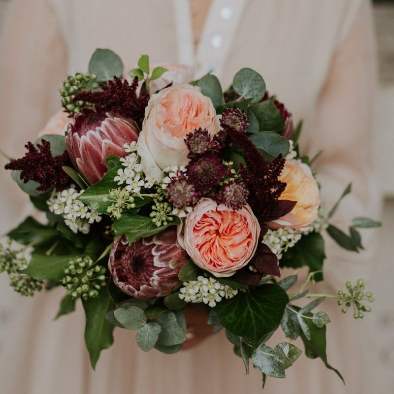 Protea, David Austin Roses and foliage wedding bouquet