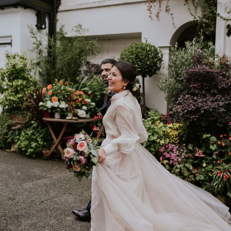 Bridal tulle skirt blowing in the wind
