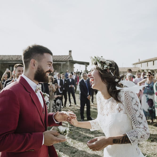 Bride in Laure de Sagazan wedding dress and flower crown