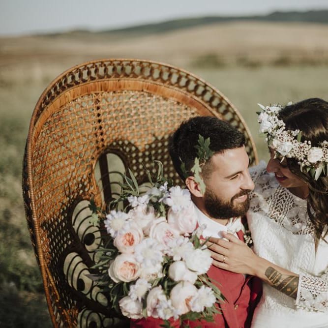 Laure de Sagazan bride dress with peacock chair at destination  weddings