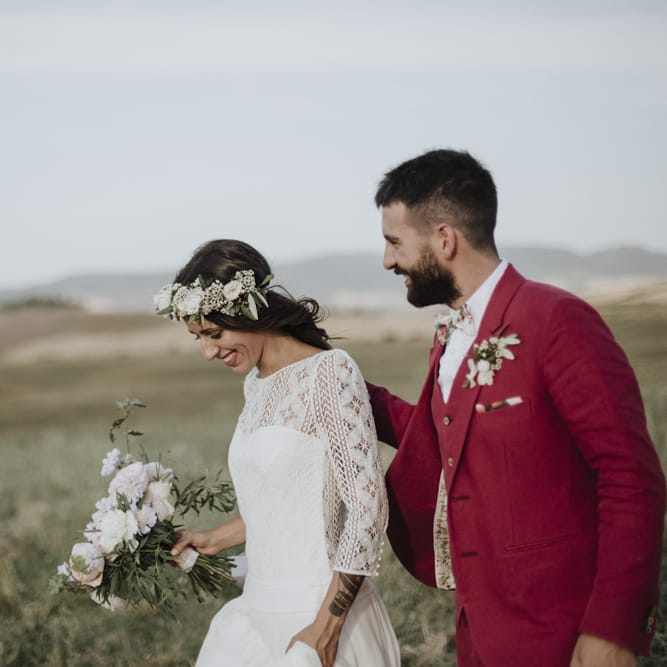 Red wedding suit with  Laure de Sagazan bride dress