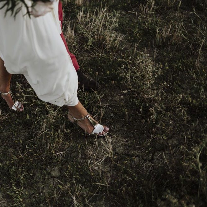 Gold wedding shoes with Laure de Sagazan dress