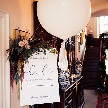 'Oh Hi' Wedding Welcome sign with Foliage, Red Flowers and Pheasant Feather