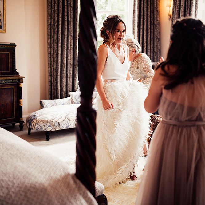 Wedding Morning Bridal Preparations with Bride in Charlie Brear Payton Bridal Gown &amp; Piora Feather Skirt