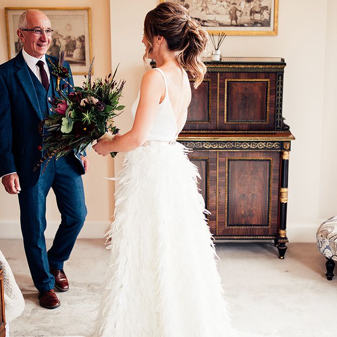 Father of The Bride First Look with his Daughter in her  Charlie Brear Payton Bridal Gown &amp; Piora Feather Skirt