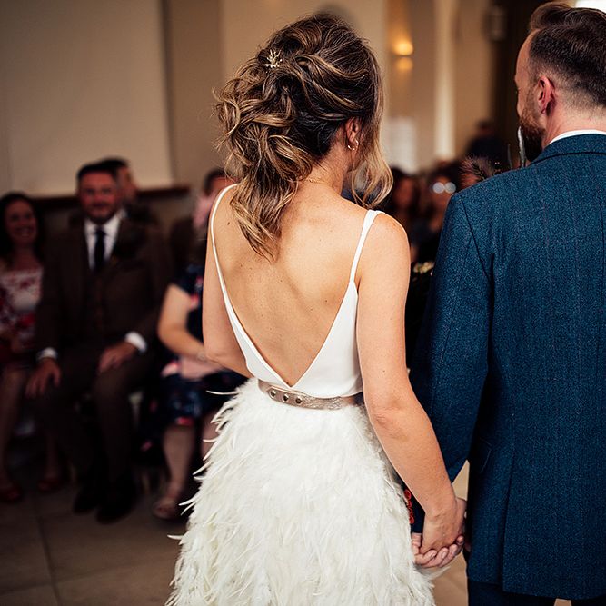 Bride in Charlie Brear Payton Bridal Gown &amp; Piora Feather Skirt and Groom in Three Piece Wool Suit Just Married