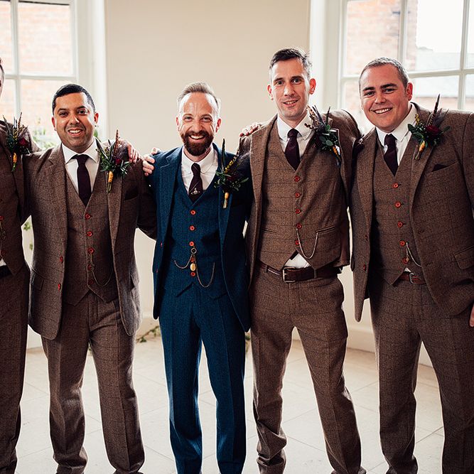 Groomsmen in Navy and Brown Check Wool Suits