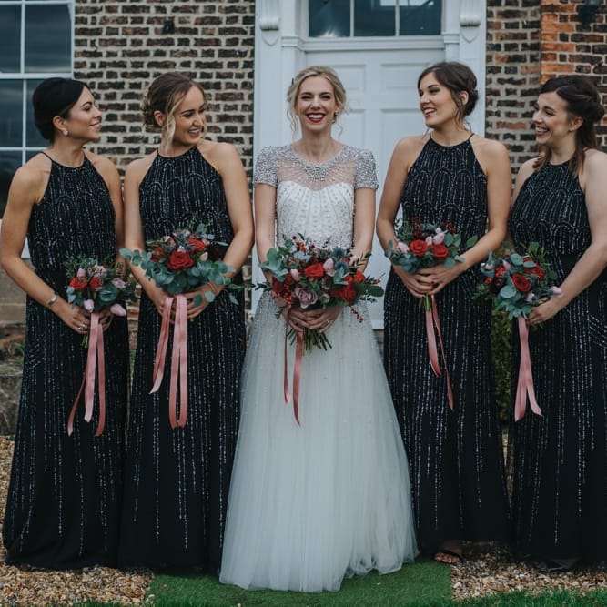 Bride wearing a beautiful embellished wedding dress and a classic red lip with her bridesmaids in black dresses and festive bouquets