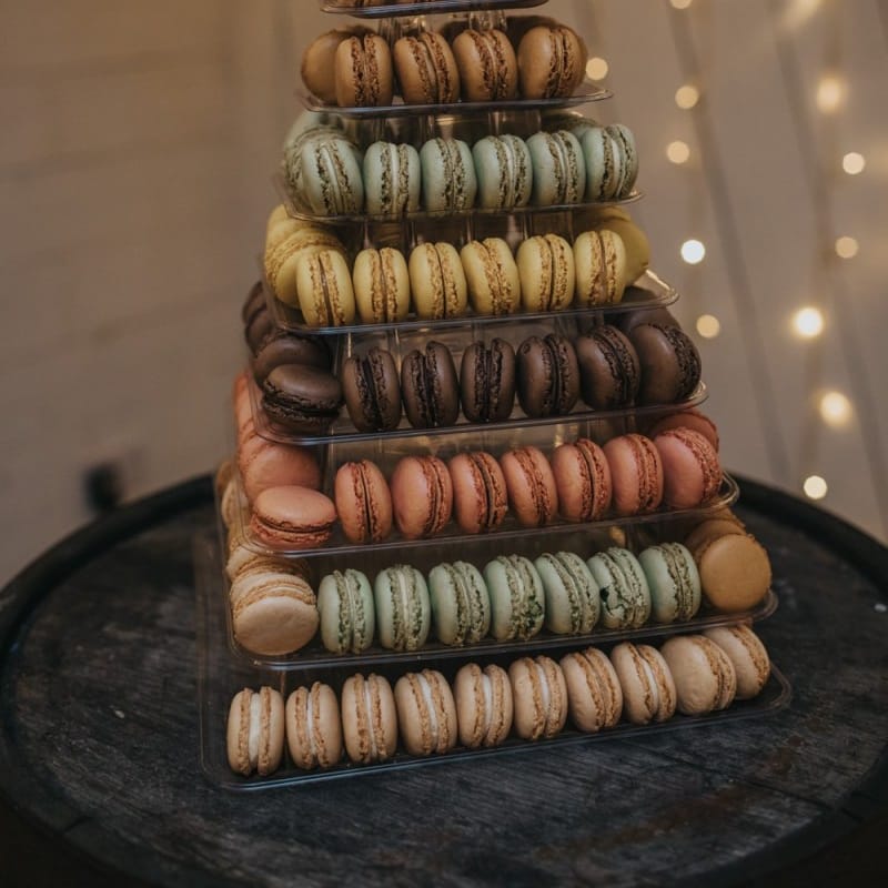 Macaroon tower cake at winter reception for New Years celebration with fairy lights