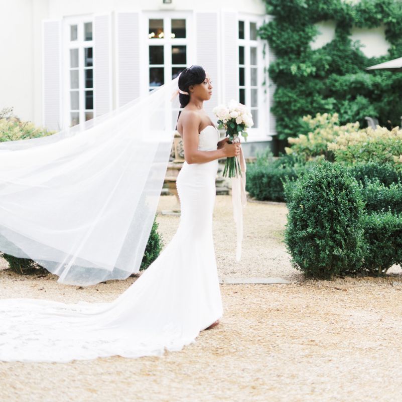 Beautiful bride in strapless Enzoani wedding dress and veil