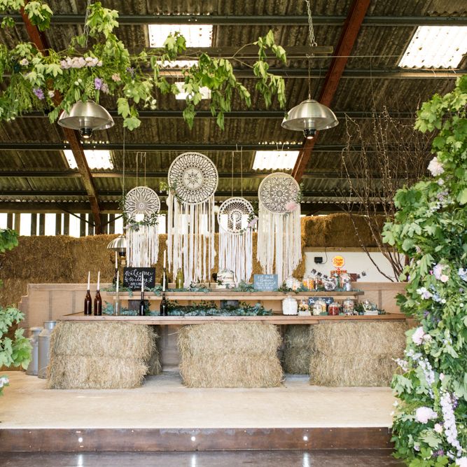 Dream Catcher Wedding Decor // Sugar Loaf Barn Wedding // Pale Grey Off The Shoulder Bridesmaids Dresses Rewritten // Groom In Harris Tweed // Hog Roast Evening Buffet // Eleanor Jane Photography