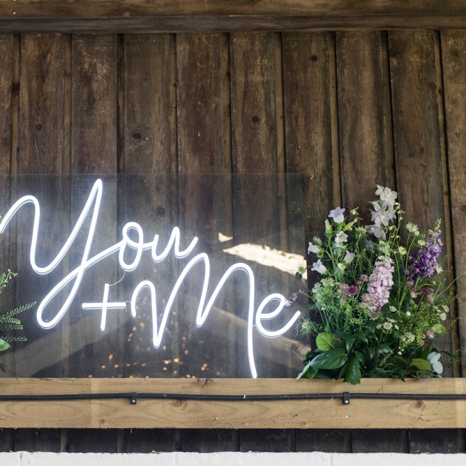 You &amp; Me Neon Sign For Wedding // Sugar Loaf Barn Wedding // Pale Grey Off The Shoulder Bridesmaids Dresses Rewritten // Groom In Harris Tweed // Hog Roast Evening Buffet // Eleanor Jane Photography