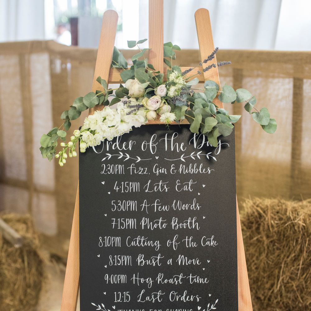 Chalkboard Order Of The Day Sign For Wedding // Sugar Loaf Barn Wedding // Pale Grey Off The Shoulder Bridesmaids Dresses Rewritten // Groom In Harris Tweed // Hog Roast Evening Buffet // Eleanor Jane Photography