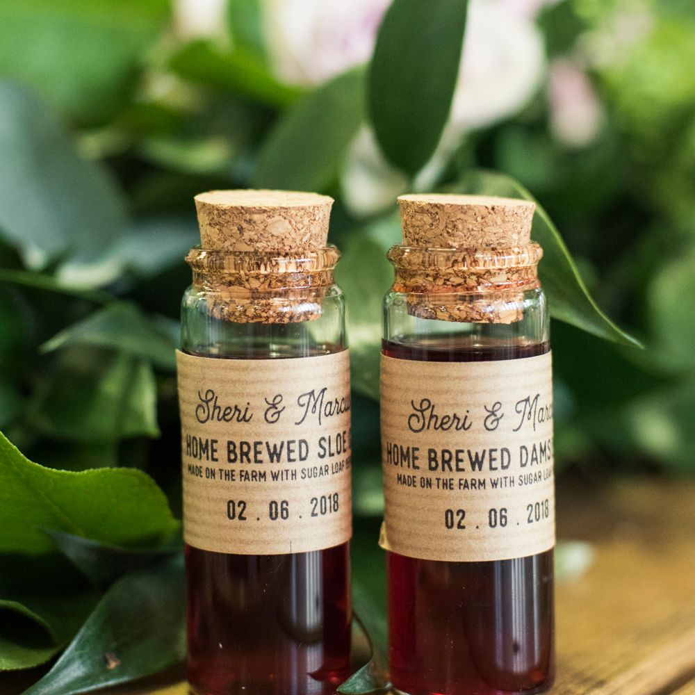 Sloe Gin Wedding Favours // Sugar Loaf Barn Wedding // Pale Grey Off The Shoulder Bridesmaids Dresses Rewritten // Groom In Harris Tweed // Hog Roast Evening Buffet // Eleanor Jane Photography