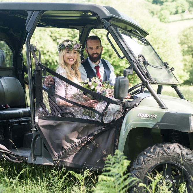 Bride &amp; Groom In 4x4 For Farm Wedding // Sugar Loaf Barn Wedding // Pale Grey Off The Shoulder Bridesmaids Dresses Rewritten // Groom In Harris Tweed // Hog Roast Evening Buffet // Eleanor Jane Photography