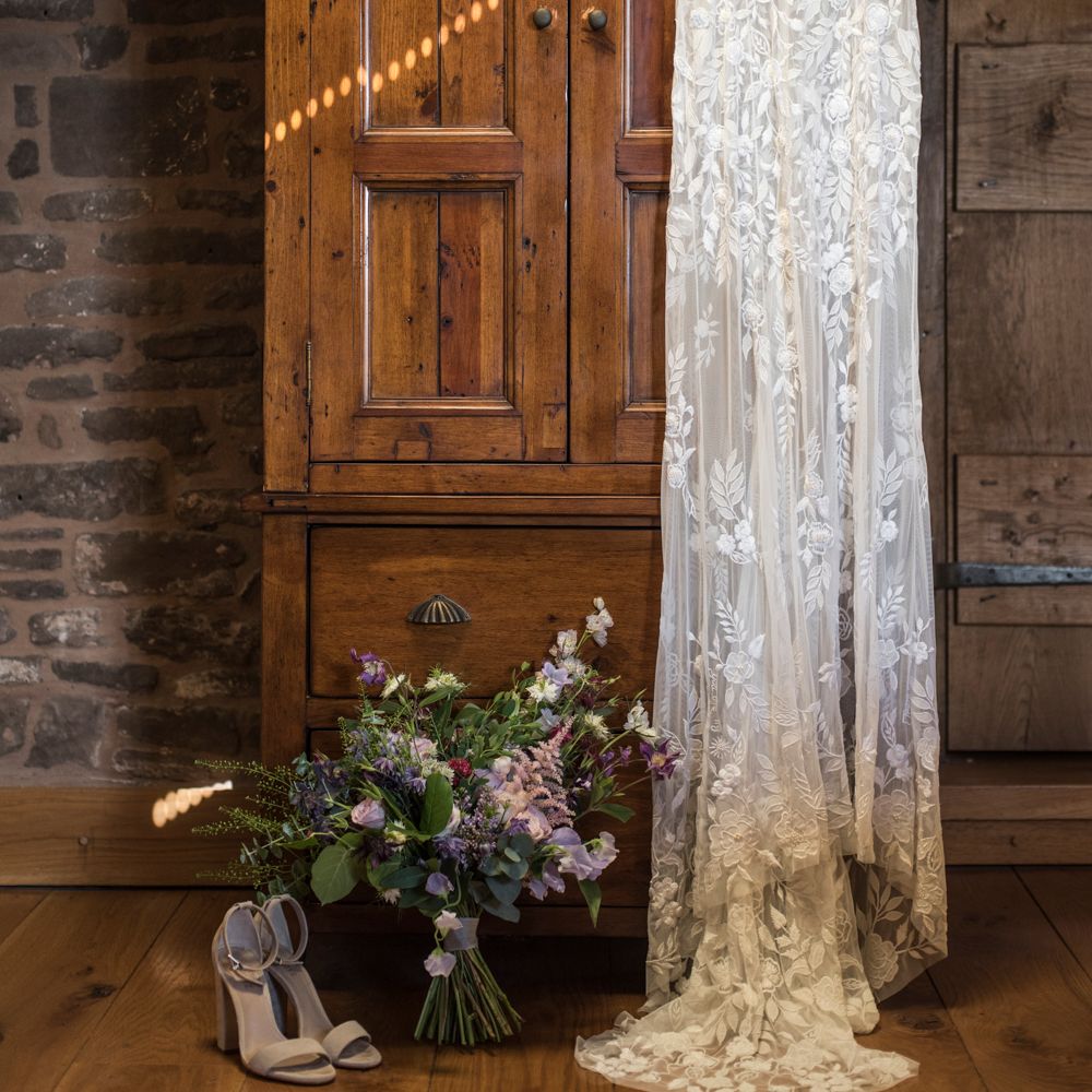 Hermione De Paula Inspired Wedding Dress With Embroidered Florals // Sugar Loaf Barn Wedding // Pale Grey Off The Shoulder Bridesmaids Dresses Rewritten // Groom In Harris Tweed // Hog Roast Evening Buffet // Eleanor Jane Photography