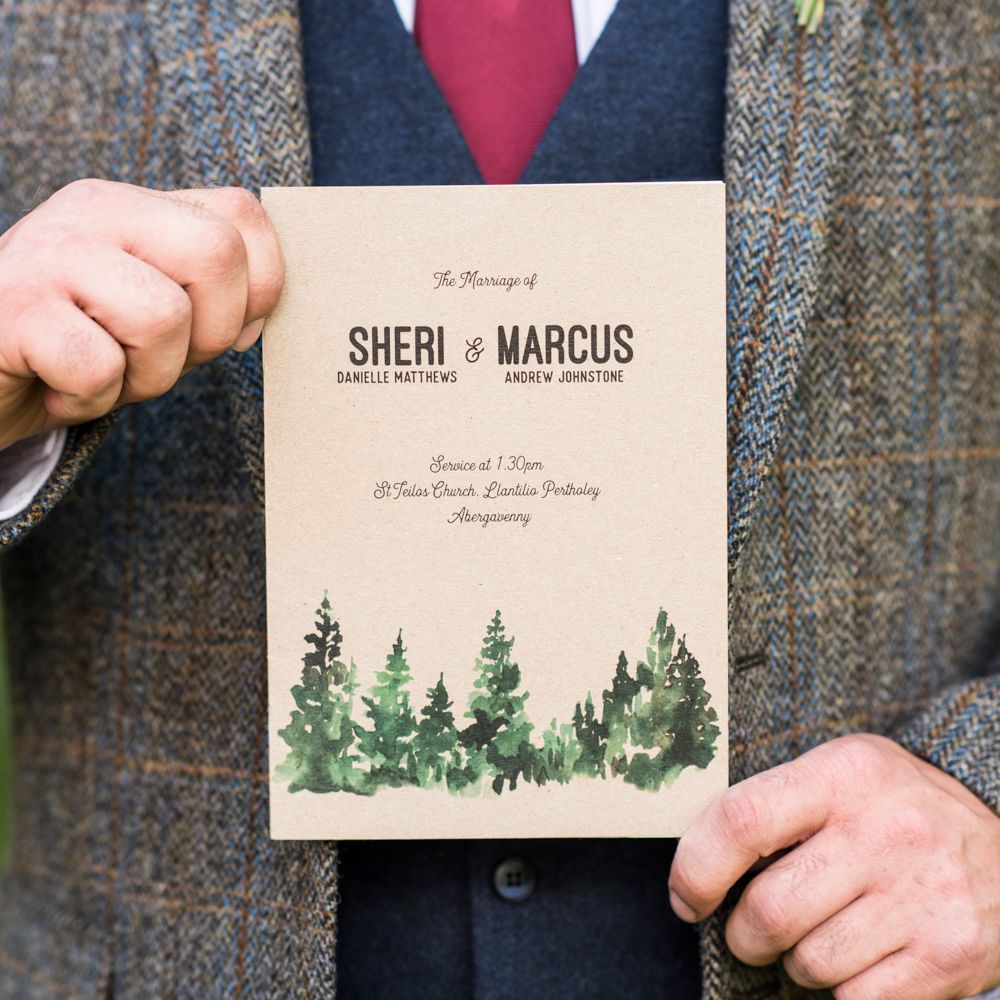 Rustic Wedding Stationery // Sugar Loaf Barn Wedding // Pale Grey Off The Shoulder Bridesmaids Dresses Rewritten // Groom In Harris Tweed // Hog Roast Evening Buffet // Eleanor Jane Photography