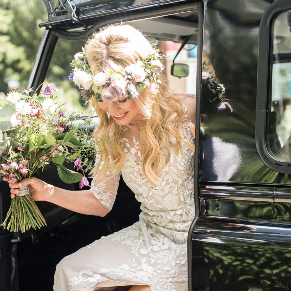 Bride Arriving At Church // Sugar Loaf Barn Wedding // Pale Grey Off The Shoulder Bridesmaids Dresses Rewritten // Groom In Harris Tweed // Hog Roast Evening Buffet // Eleanor Jane Photography
