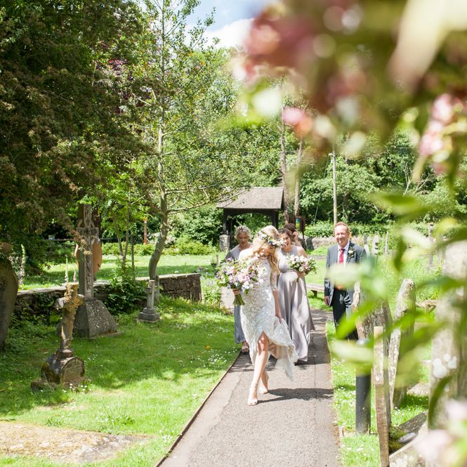 Arriving At The Church // Sugar Loaf Barn Wedding // Pale Grey Off The Shoulder Bridesmaids Dresses Rewritten // Groom In Harris Tweed // Hog Roast Evening Buffet // Eleanor Jane Photography