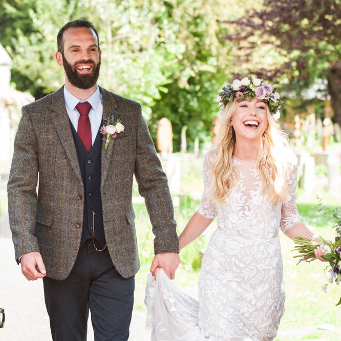 Just Married // Sugar Loaf Barn Wedding // Pale Grey Off The Shoulder Bridesmaids Dresses Rewritten // Groom In Harris Tweed // Hog Roast Evening Buffet // Eleanor Jane Photography