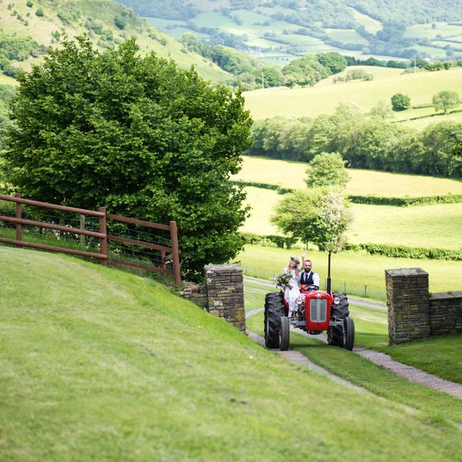 Bride &amp; Groom Arriving On Tractor // Sugar Loaf Barn Wedding // Pale Grey Off The Shoulder Bridesmaids Dresses Rewritten // Groom In Harris Tweed // Hog Roast Evening Buffet // Eleanor Jane Photography