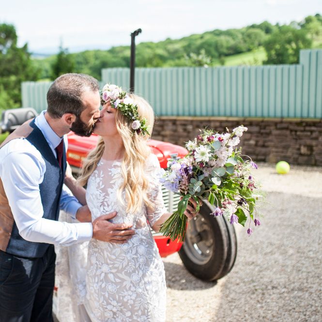 Tractor Wedding Transport // Sugar Loaf Barn Wedding // Pale Grey Off The Shoulder Bridesmaids Dresses Rewritten // Groom In Harris Tweed // Hog Roast Evening Buffet // Eleanor Jane Photography