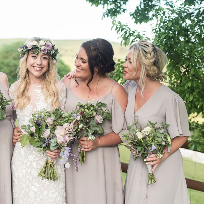 Bridesmaids In Pale Grey Dresses By Rewritten // Sugar Loaf Barn Wedding // Pale Grey Off The Shoulder Bridesmaids Dresses Rewritten // Groom In Harris Tweed // Hog Roast Evening Buffet // Eleanor Jane Photography