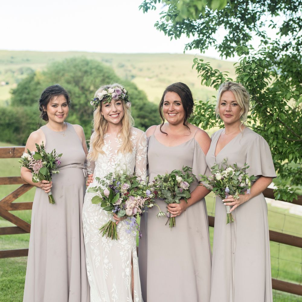 Bridesmaids In Pale Grey Dresses By Rewritten // Sugar Loaf Barn Wedding // Pale Grey Off The Shoulder Bridesmaids Dresses Rewritten // Groom In Harris Tweed // Hog Roast Evening Buffet // Eleanor Jane Photography