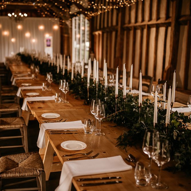Socially distanced wedding reception at Southend Barns with taper candles
