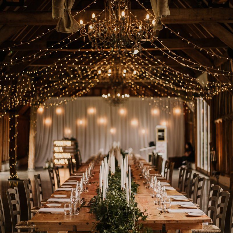 Fairy light covered wedding reception at Southend Barns