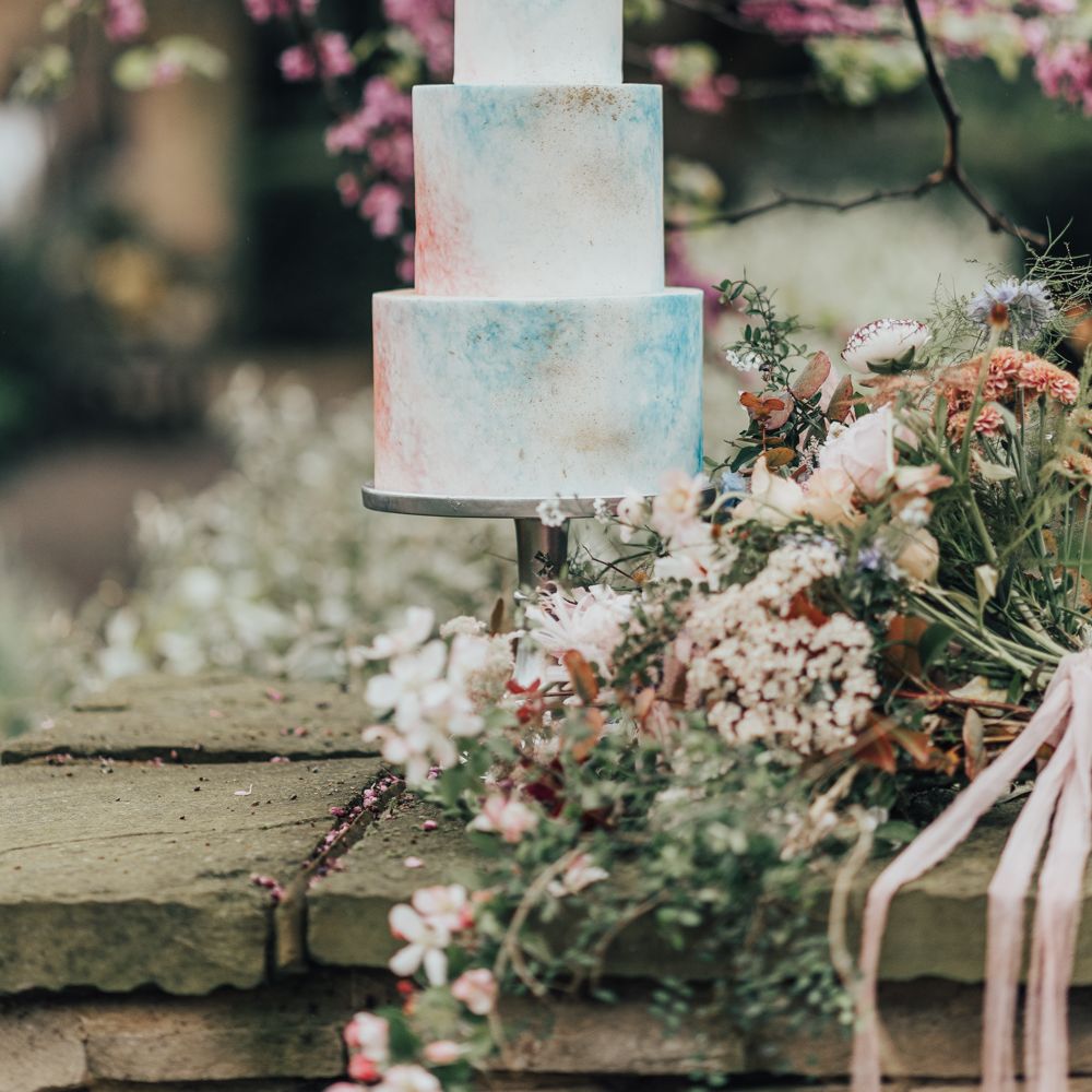 Water Colour Painted Wedding Cake // Disney Princess Bride Sleeping Beauty Inspired Wedding With Opulent Florals And Bride In Blush Pink With Images From Rebecca Carpenter Photography