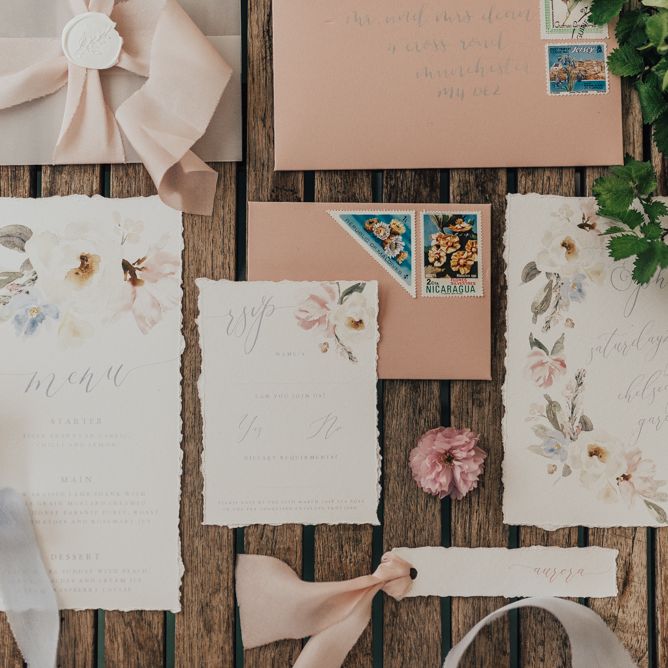 Pastel Floral Stationery Suite By Wonderland Invites // Disney Princess Bride Sleeping Beauty Inspired Wedding With Opulent Florals And Bride In Blush Pink With Images From Rebecca Carpenter Photography