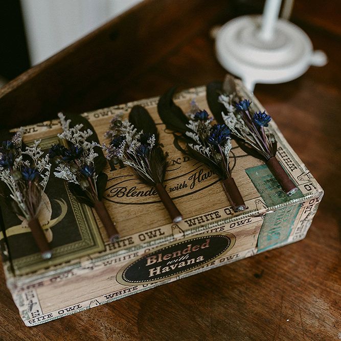 Dried Flower Buttonholes on Wooden Box