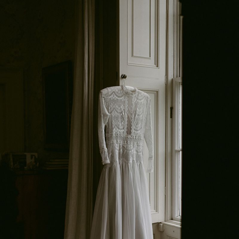 Homemade Wedding Dress with Lace Long Sleeve, Bodice and High Neck