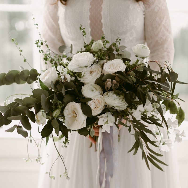 Oversized White and Green Wedding Bouquet with Roses and Ranunculus