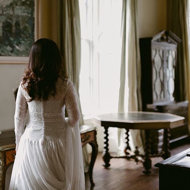 Bride in Homemade Wedding Dress with Full Skirt, Lace Bodice and Long Sleeves